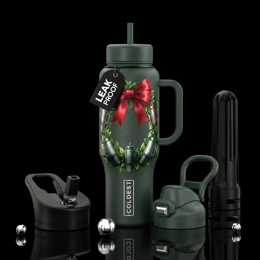 Wreath with a big red bow and Coldest tumblers ado... water bottle design