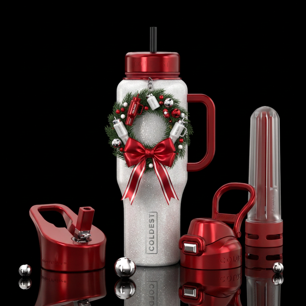 Sparkly white bottle with glossy red handle, red l... water bottle design
