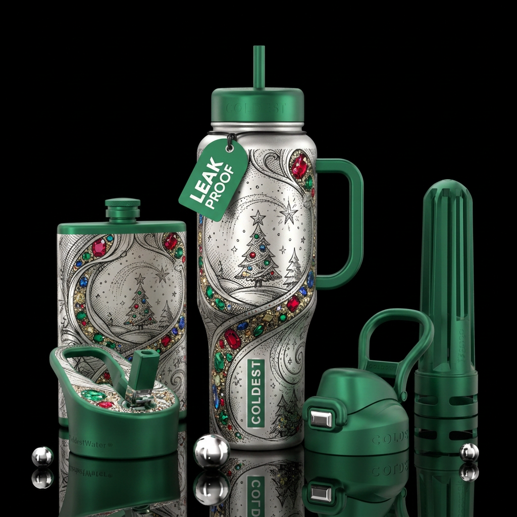 sketch, Christmas trees,, sparkly, luxurious, vibr... water bottle design