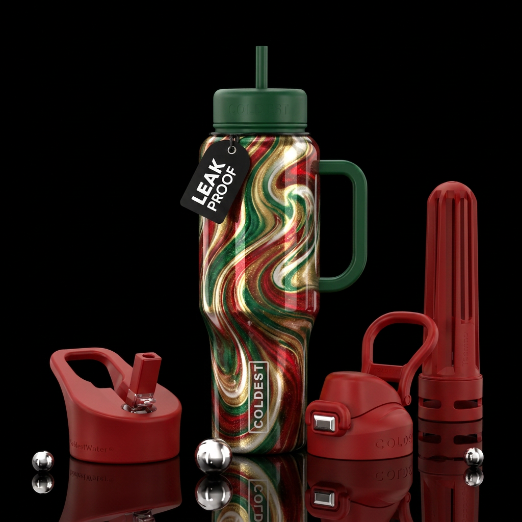 extravagant, opulent, Christmas color swirls, shin... water bottle design