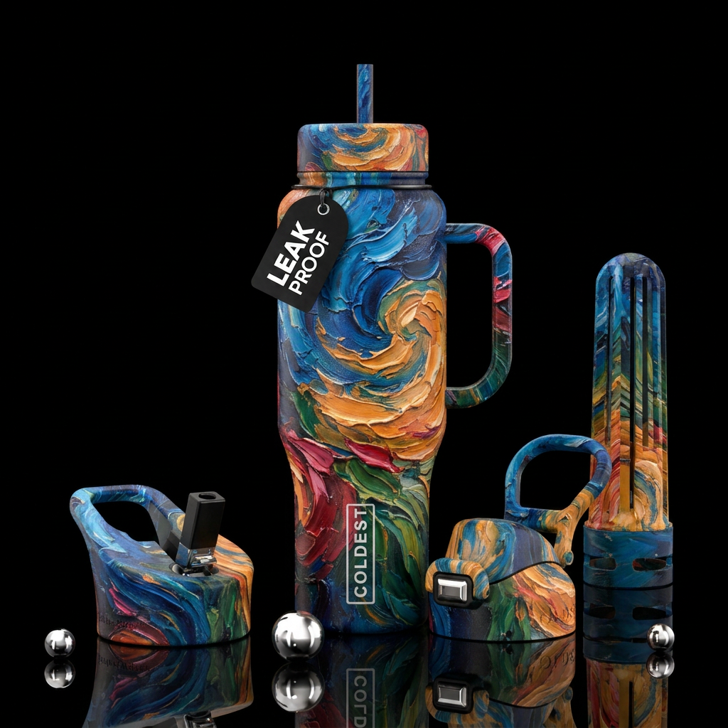 oil painting, harmonious, beautiful, elegant water bottle design