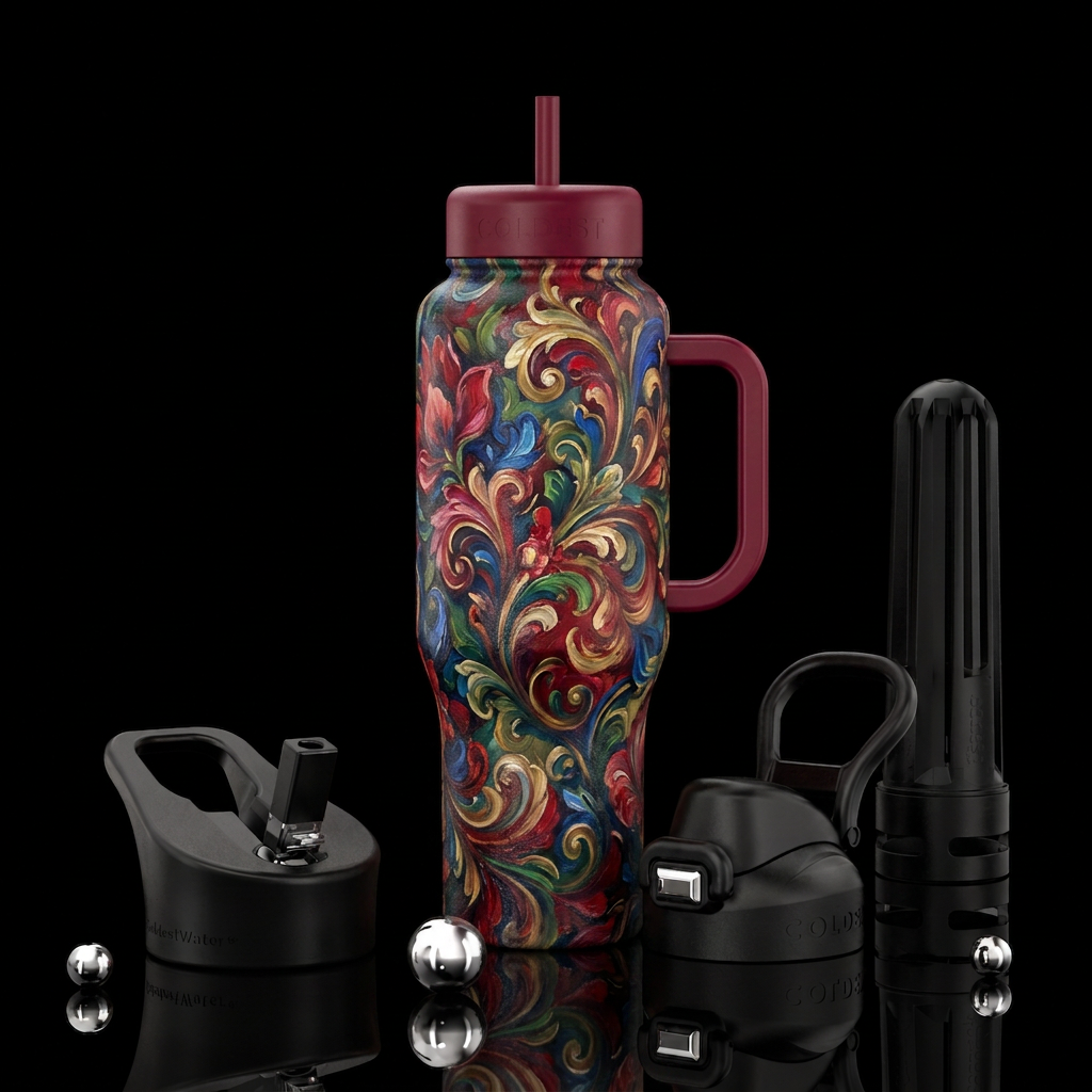 oil painting, harmonious, beautiful, elegant water bottle design