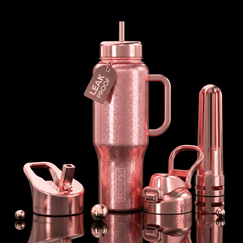 rose gold, shiny, sparkly water bottle design