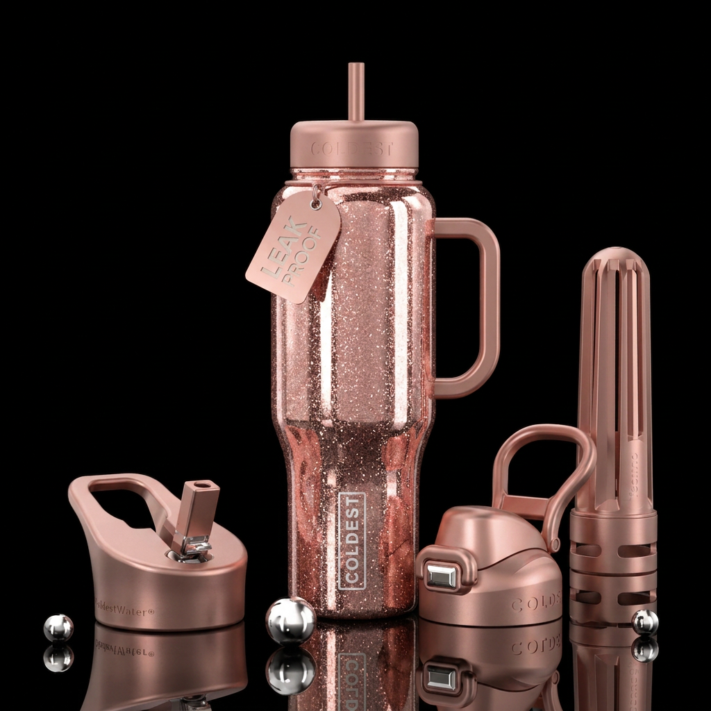 rose gold, shiny, sparkly water bottle design