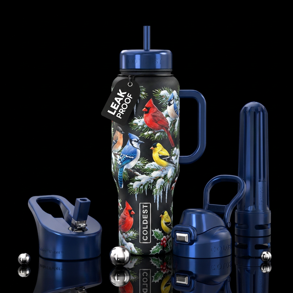 Winter, snow, beautiful birds, vibrant water bottle design