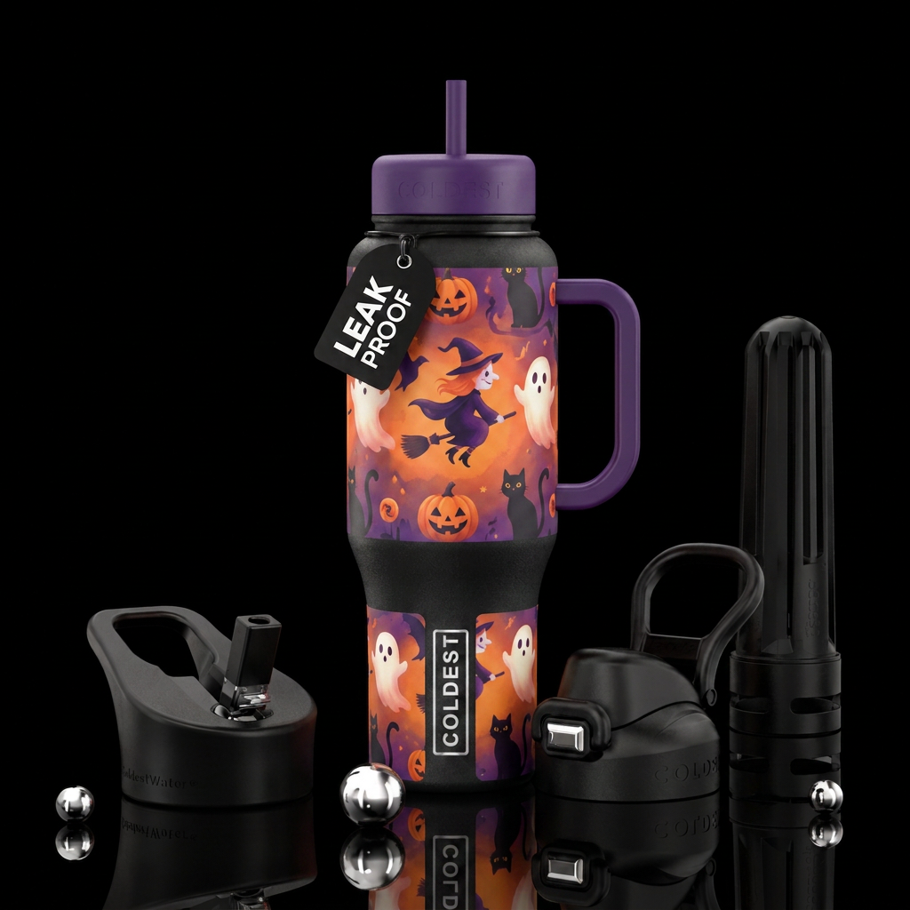 Orange purple background, ghosts, witches, pumpkin... water bottle design