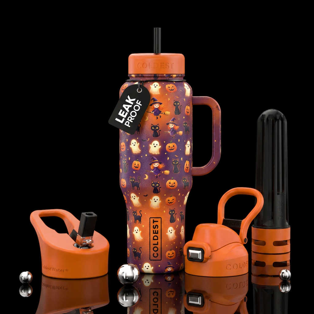 Orange purple background, ghosts, witches, pumpkin... water bottle design
