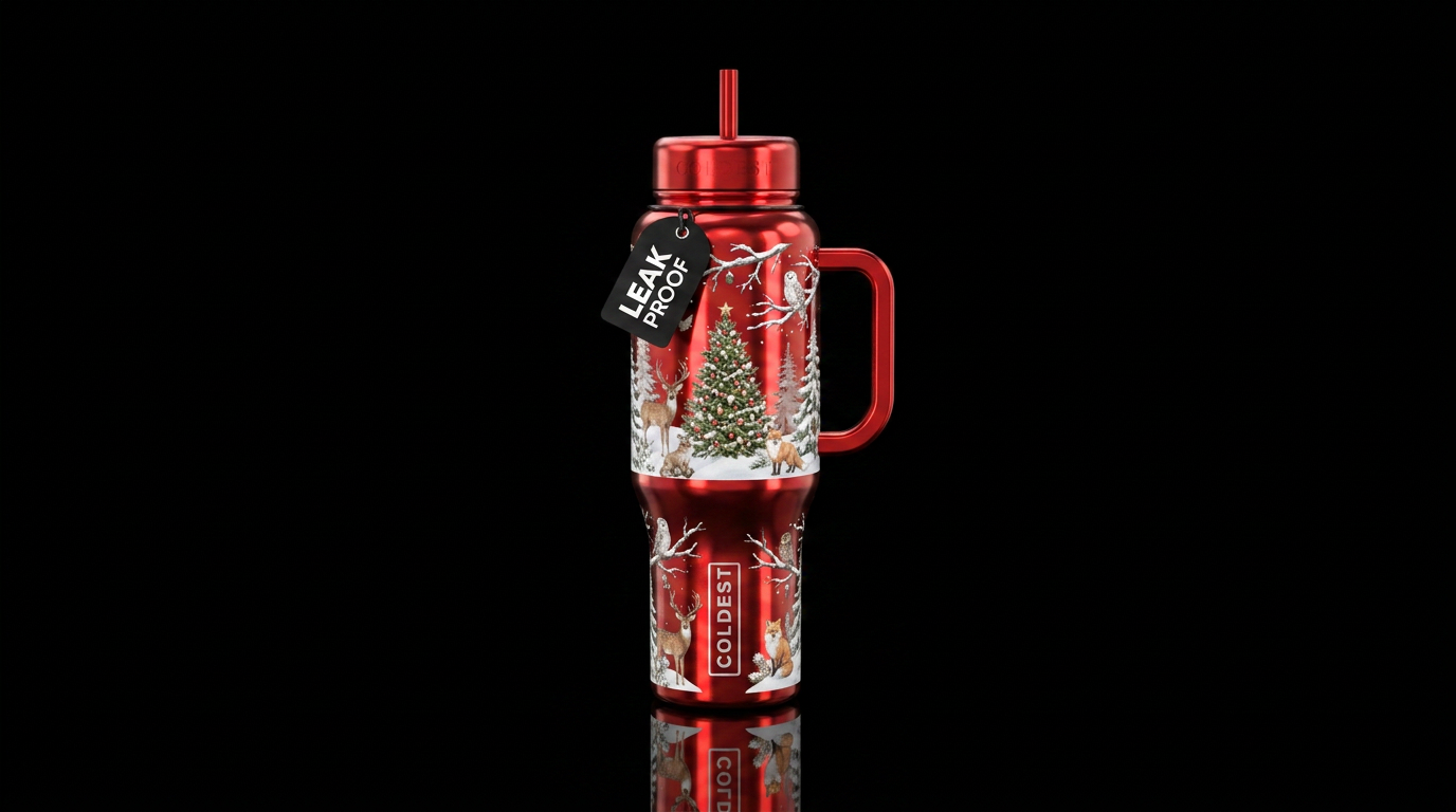 Shiny red, snowy background, Christmas tree, fores... water bottle design