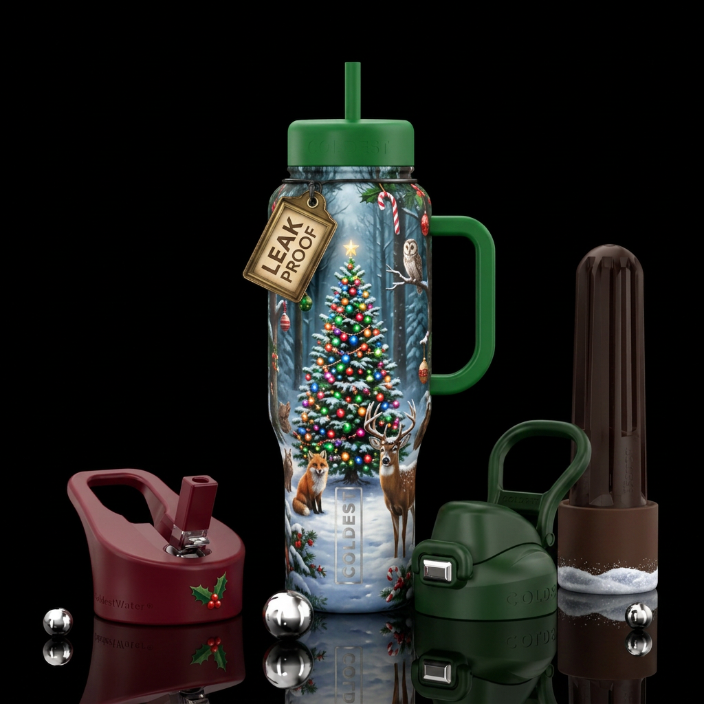 Snowy background, beautiful Christmas tree, forest... water bottle design