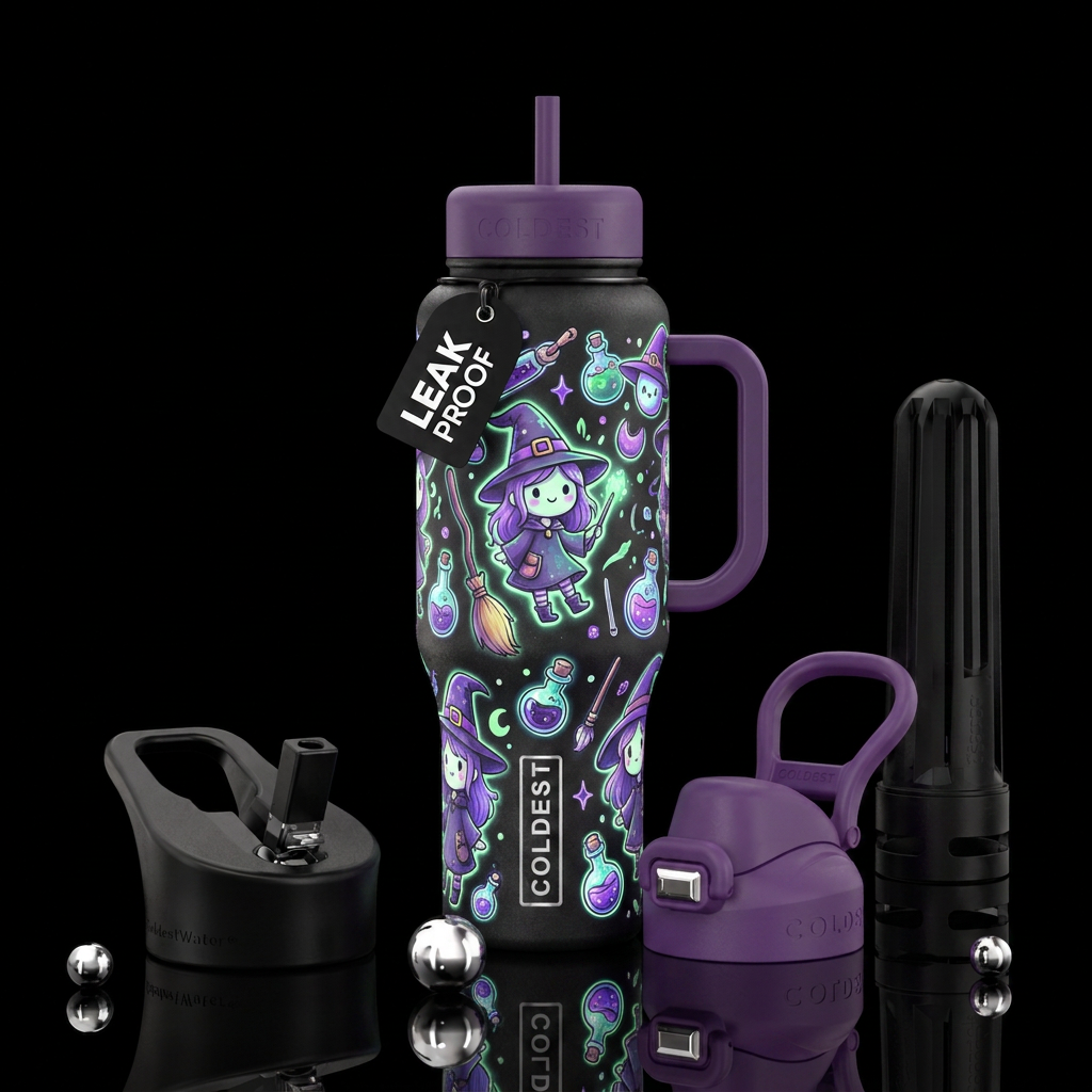 whimsical, witch with hat askew, cartoon, glowie water bottle design