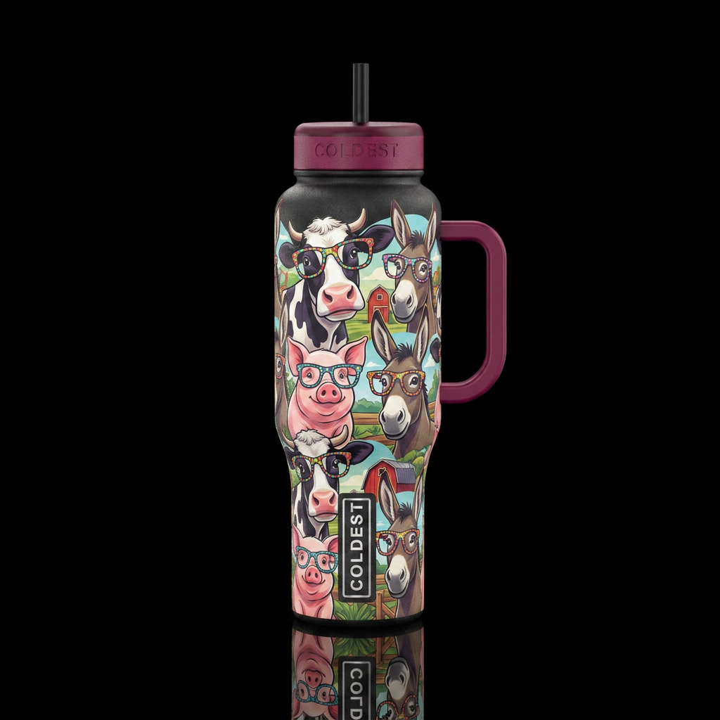 Silly, fun, cow, pig, donkey all with reading glas... water bottle design