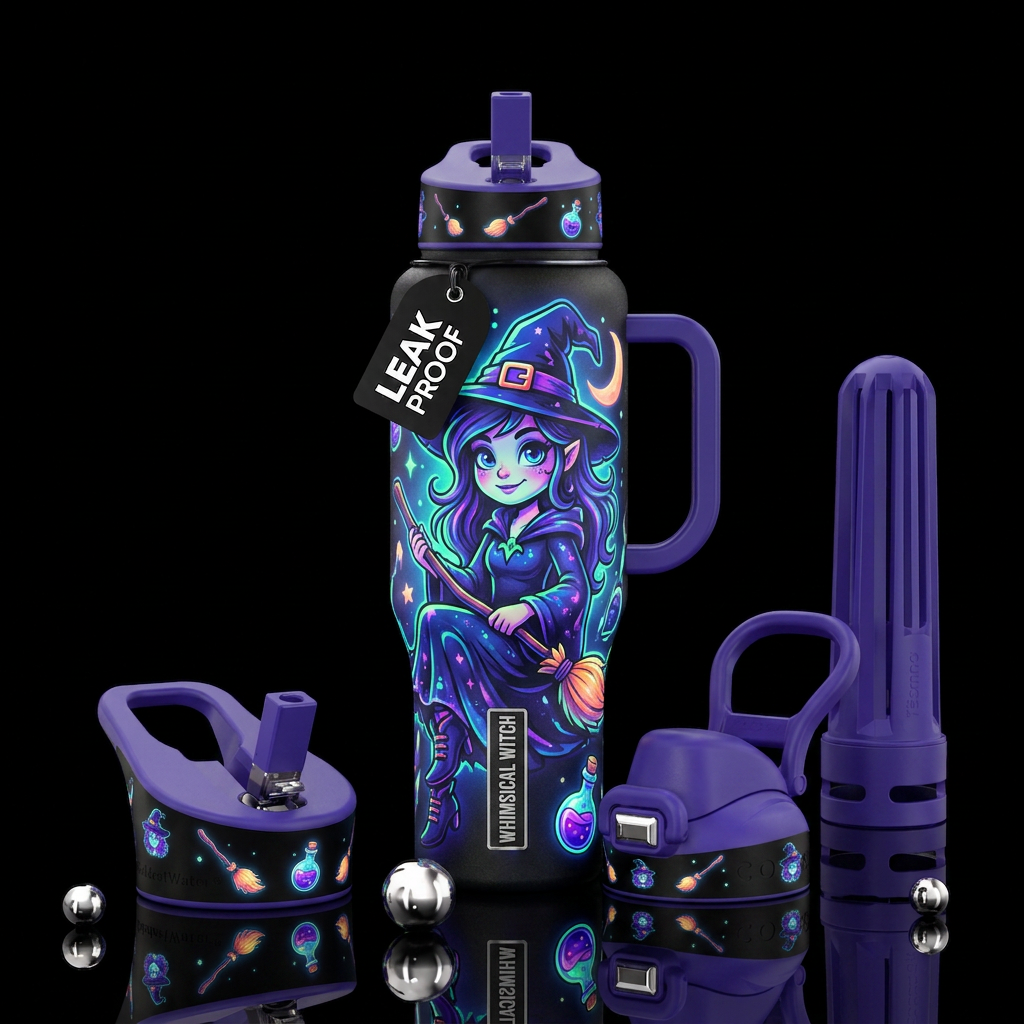 whimsical, witch with hat askew, cartoon, glowie water bottle design