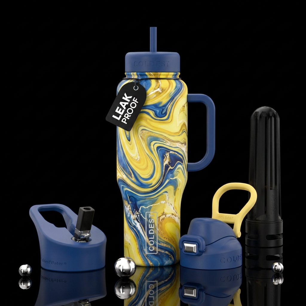 Different shades of yellow, blue marble accents water bottle design