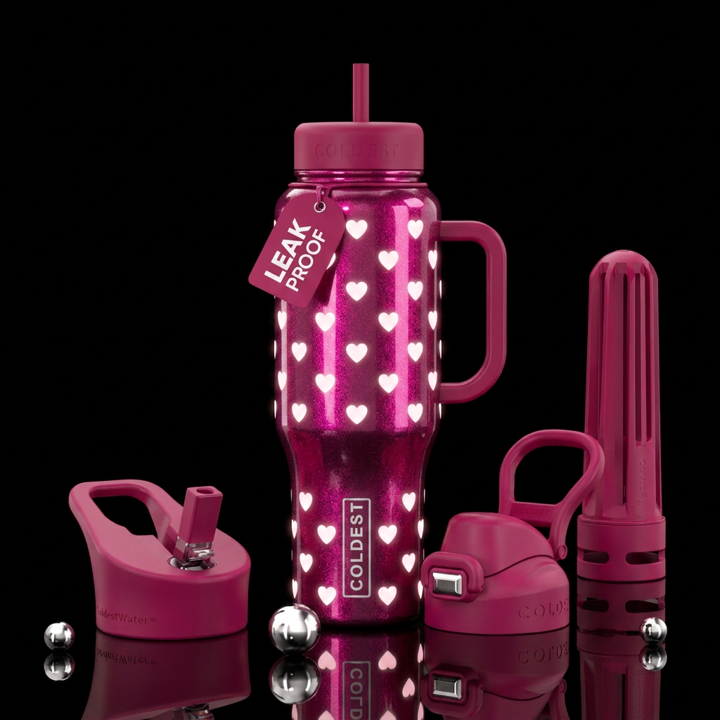 Fuchsia bottles, shiny, sparkly, Glowie white hear... water bottle design