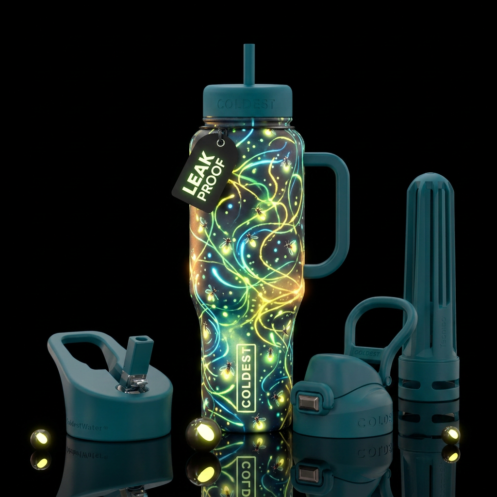 whimsical, fun, summer night, lightning bugs glowi... water bottle design