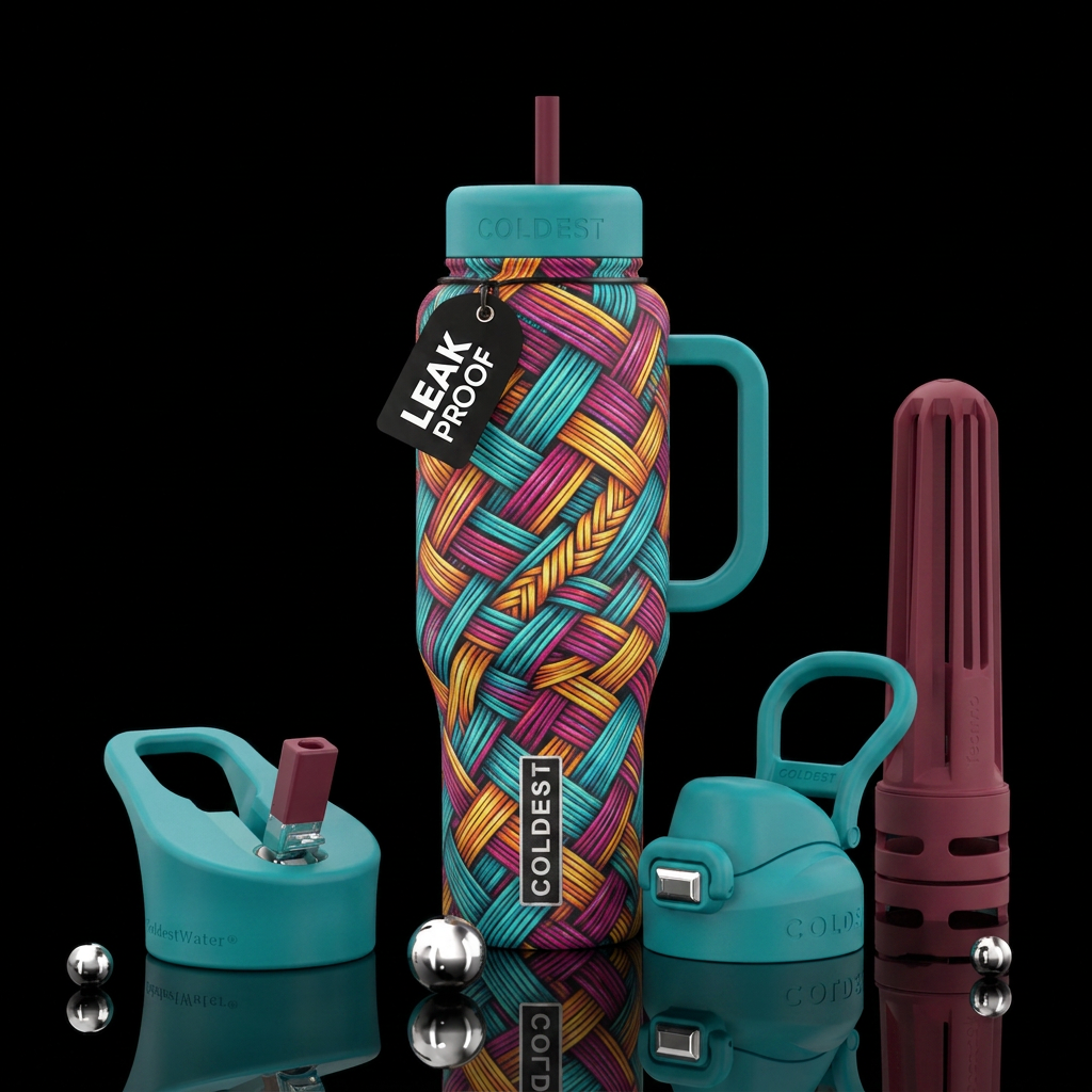weaving, colorful water bottle design