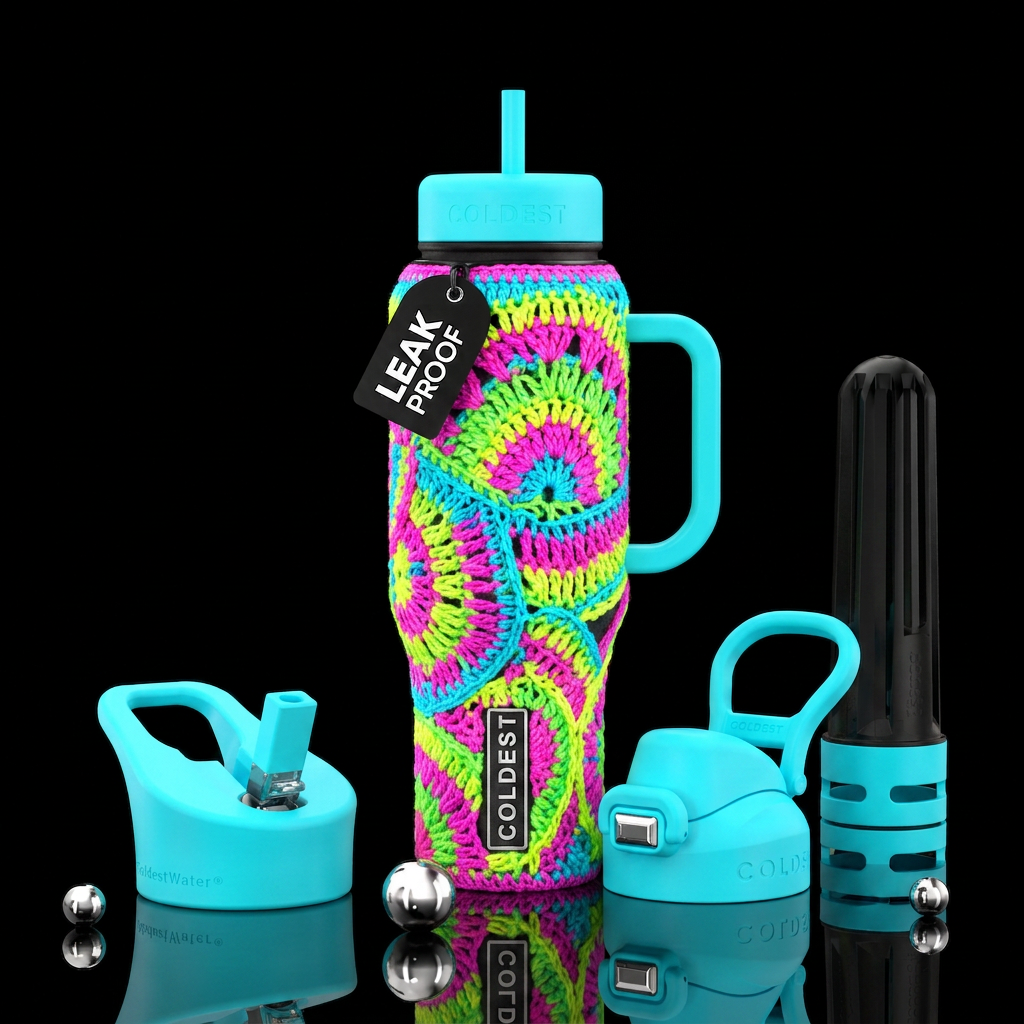Crochet project with neon yarn colors water bottle design