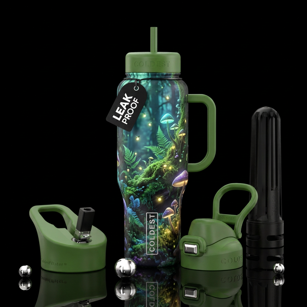 enchanted woods, lights shining water bottle design