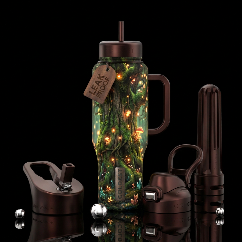 enchanted woods, lights shining water bottle design