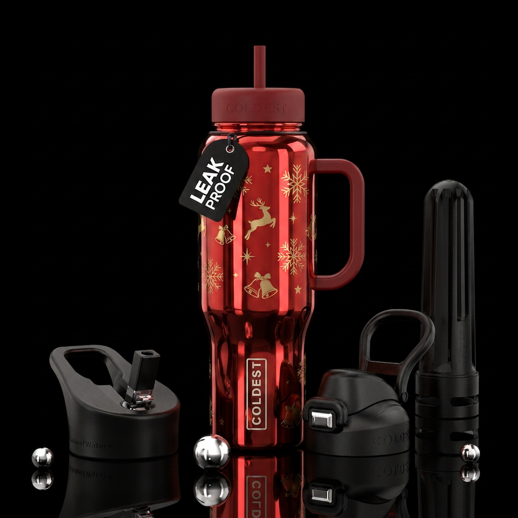 Red shiny bottle, gold symbols of Christmas water bottle design