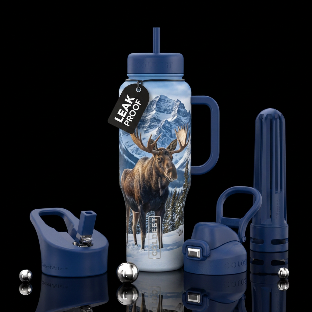 moose, mountain setting, snow, trees water bottle design