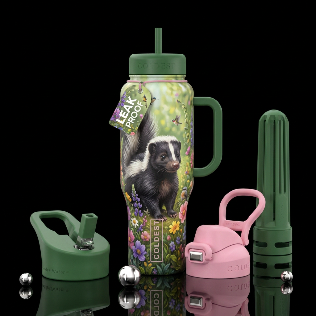 Cute skunk, spring day, lush colors water bottle design