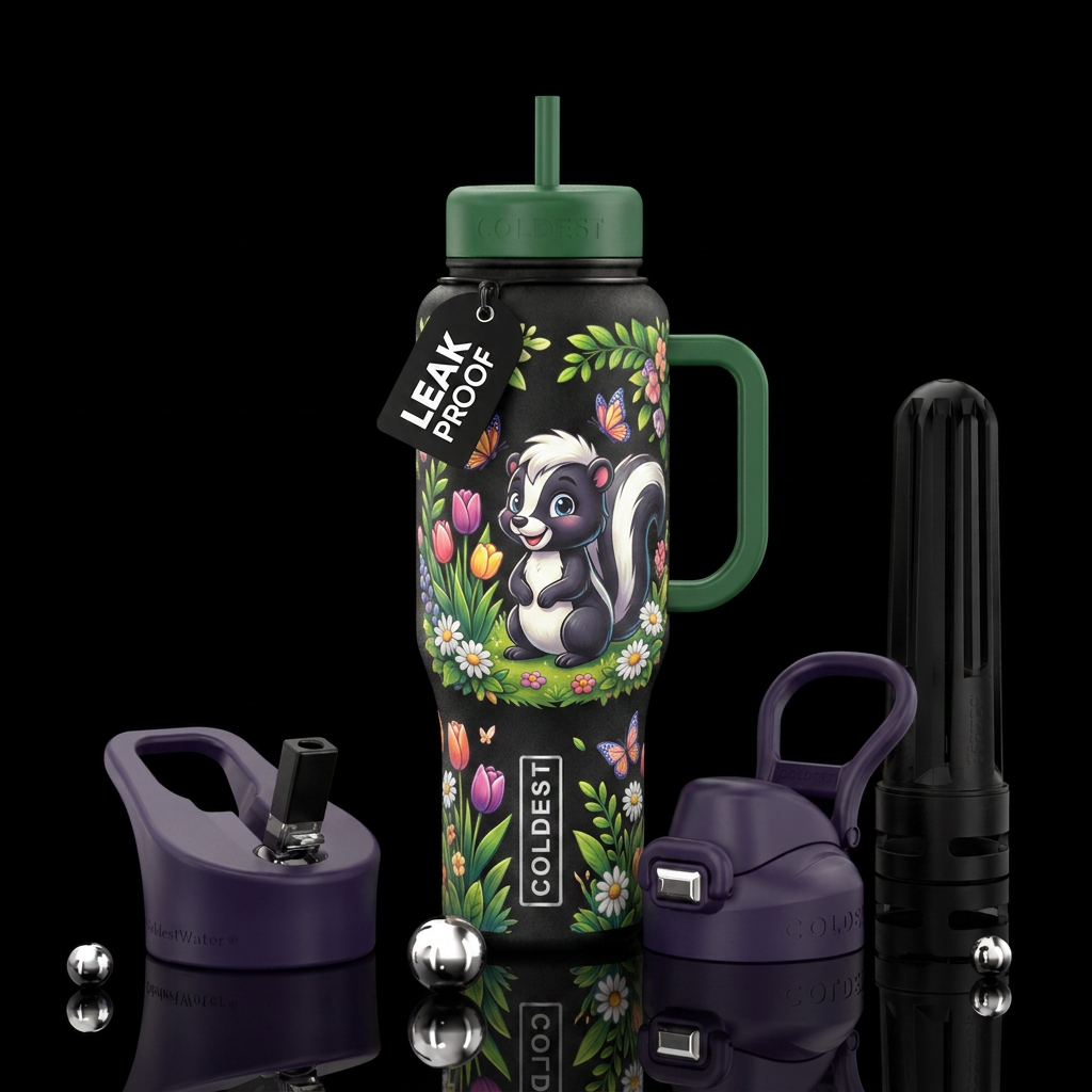 Cute skunk, spring day, lush colors water bottle design