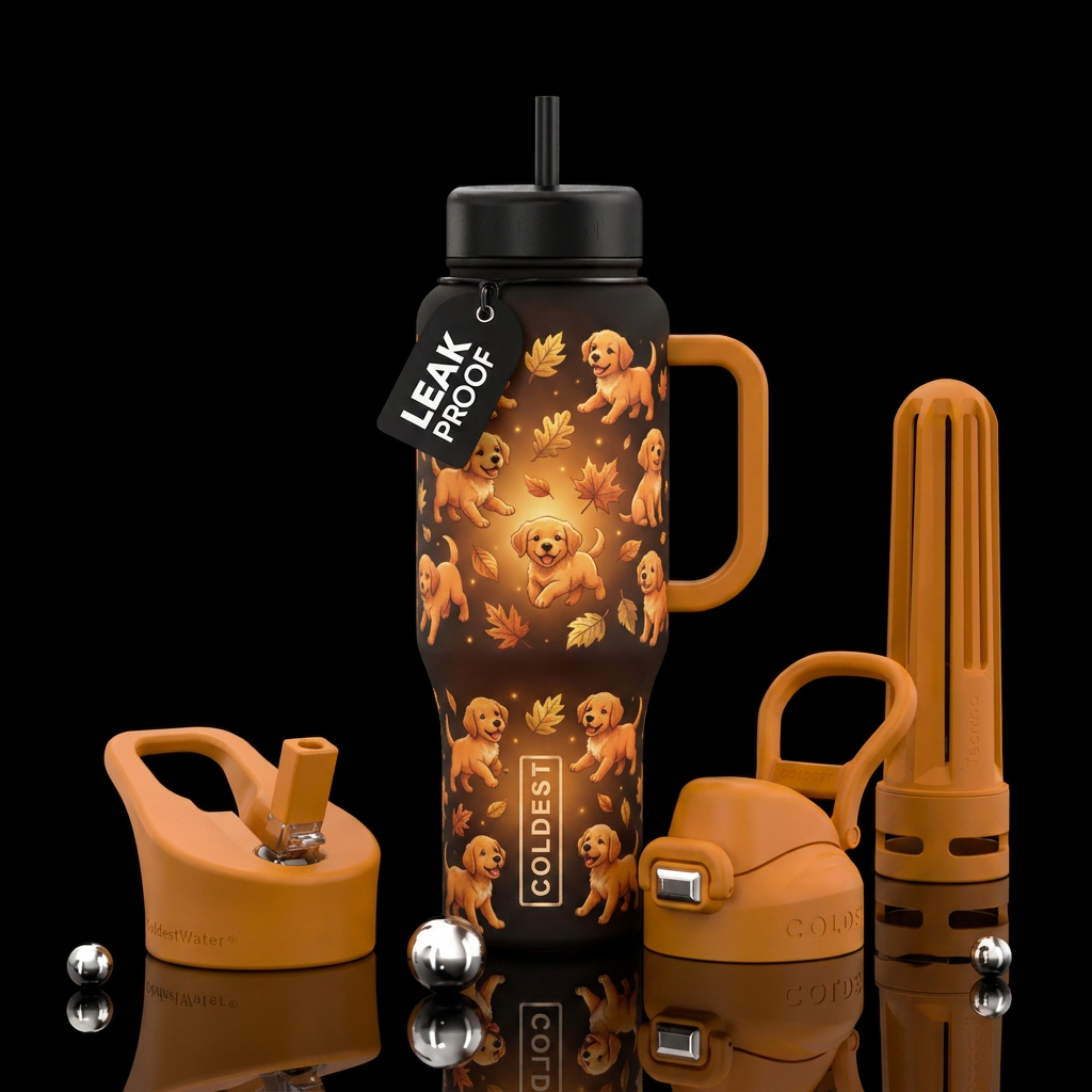 happy mood, magical, amber, puppies, fallseason water bottle design