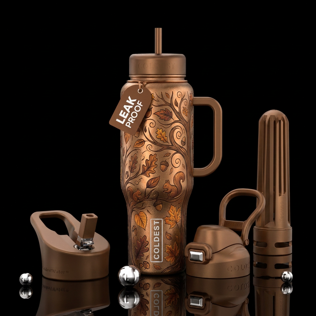 bronze, fall leaves, acorns, squirrels, trees water bottle design
