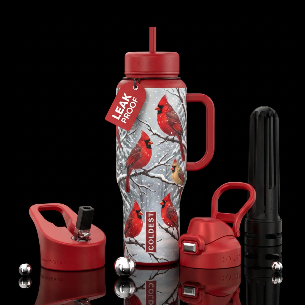 Beautiful cardinal birds on snowy trees water bottle design