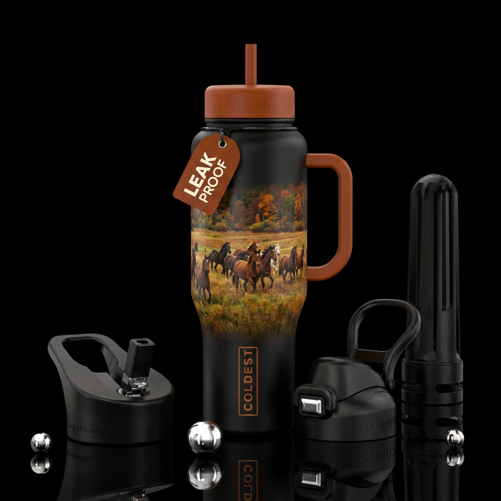 Wild horses running in the field, fall time water bottle design