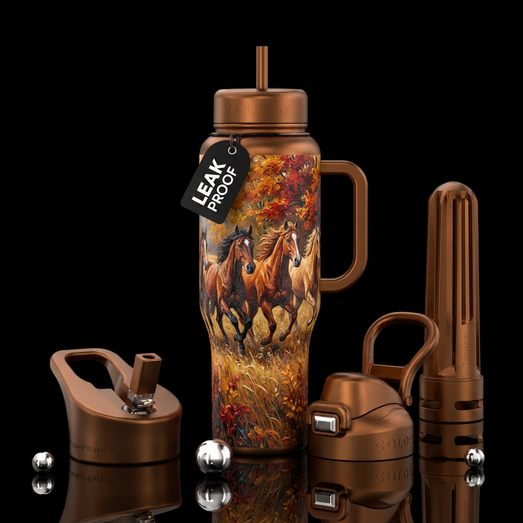 Wild horses running in the field, fall time water bottle design