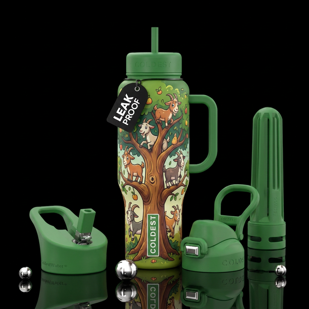 Cartoon, goats in a tree, fun water bottle design