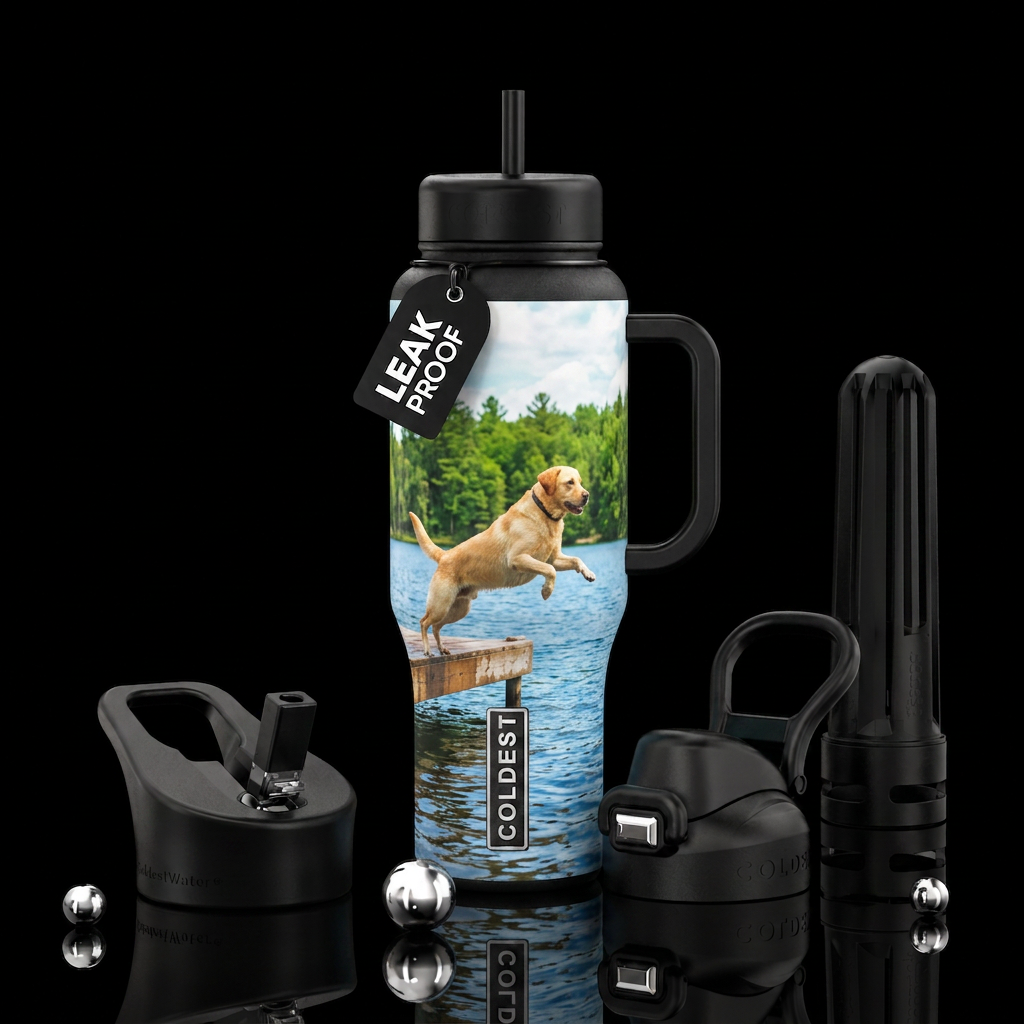 Golden lab jumping from dock into the lake, trees,... water bottle design