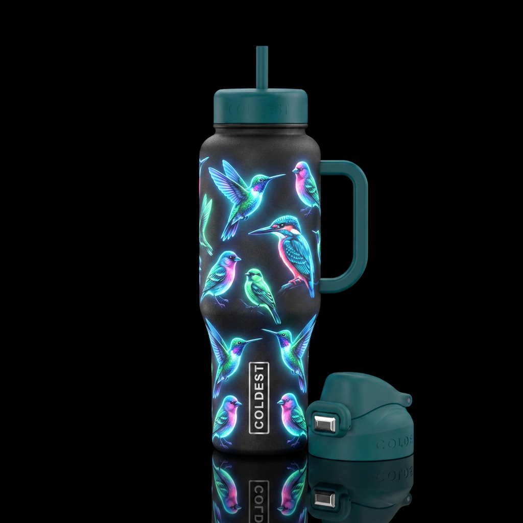 glowie, birds water bottle design