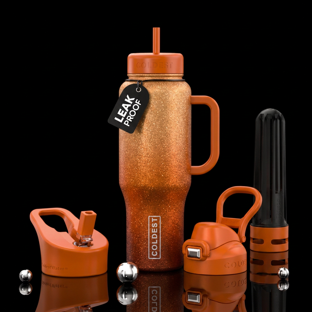 sparkly, shiny, orange ombré water bottle design