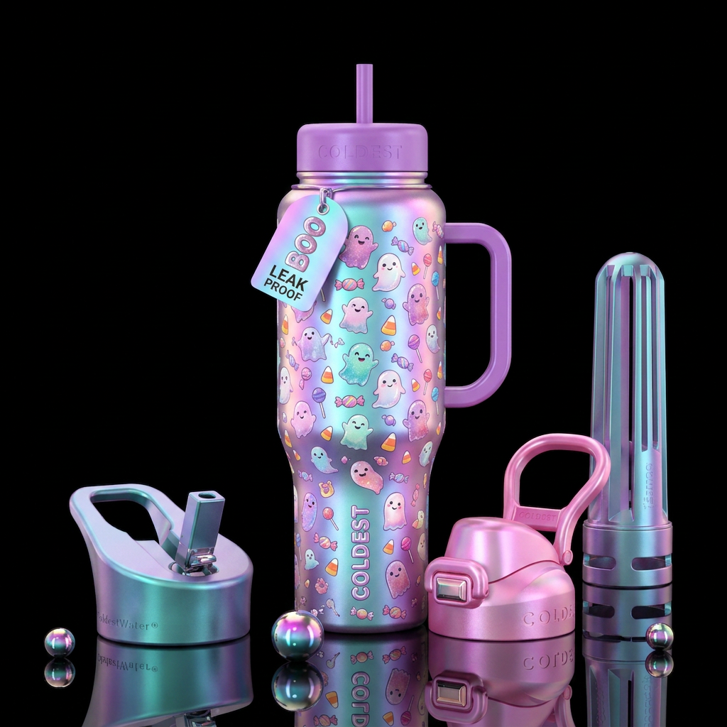 happy mood, irridescent, ghosts, vibrant, CANDY, B... water bottle design