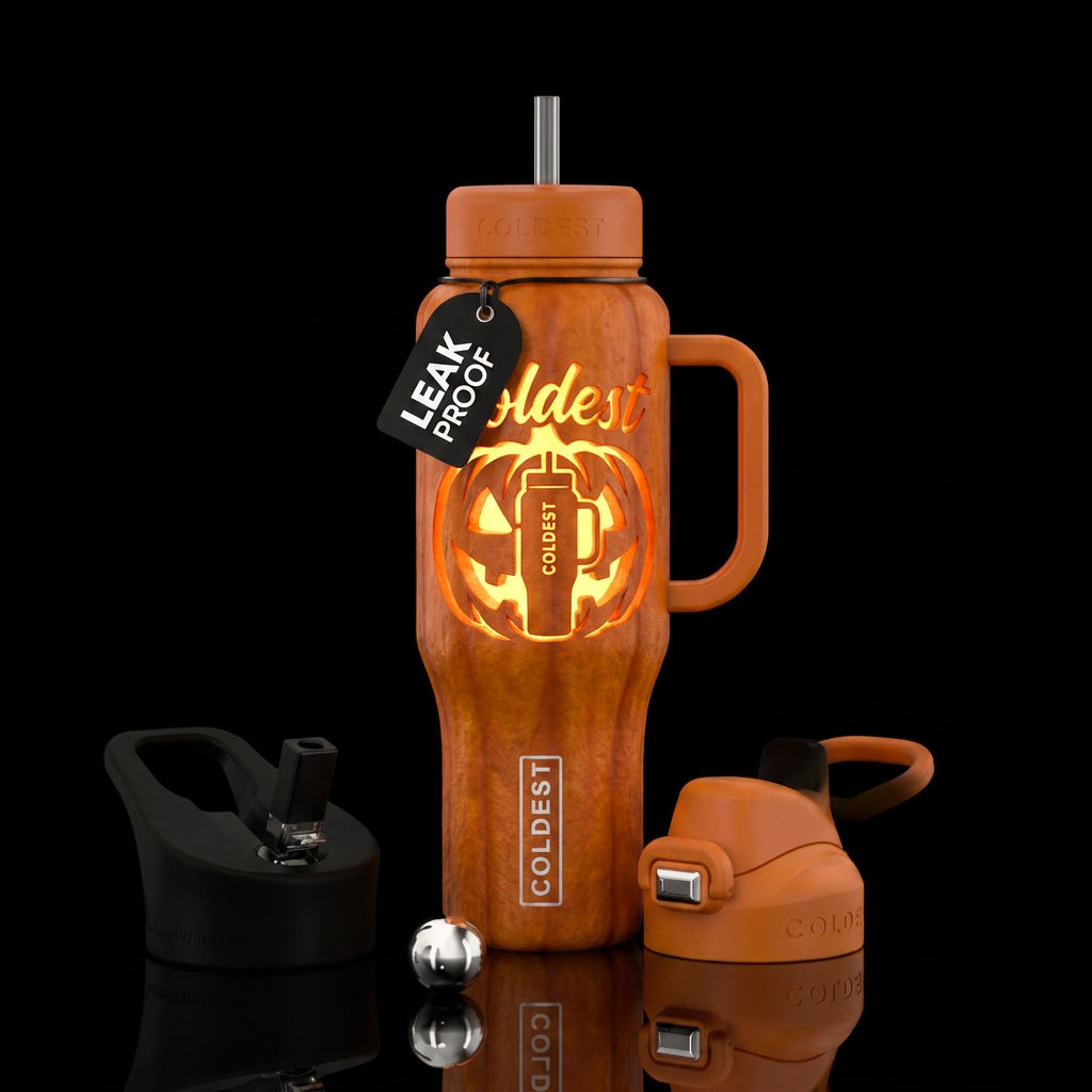 Pumpkin carved with coldest and a coldest tumbler ... water bottle design