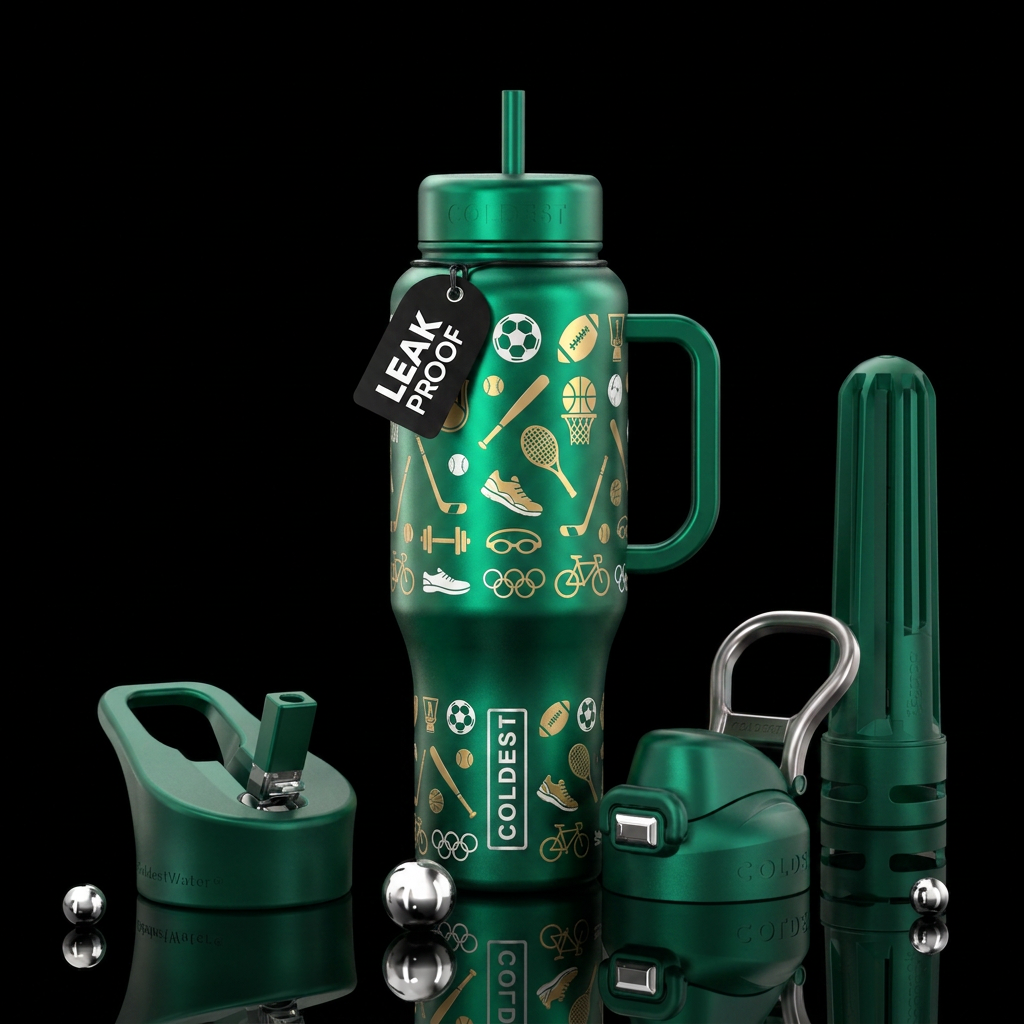 Emerald green bottle showing symbols of all types ... water bottle design