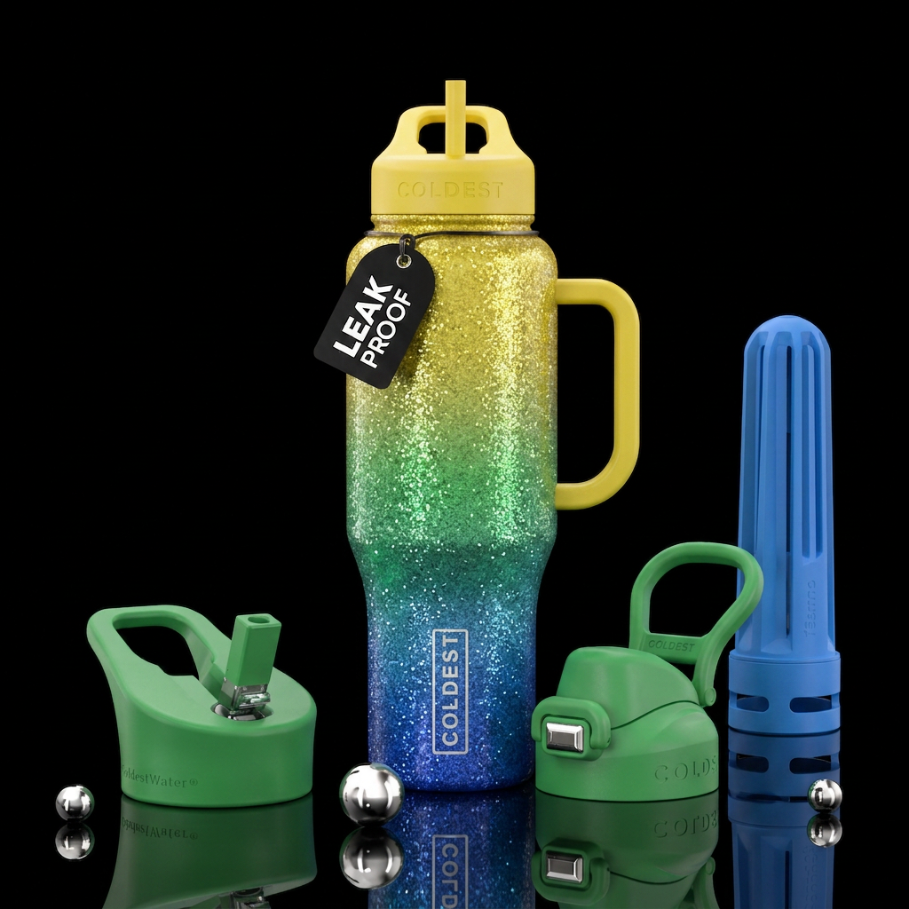 Blue, green, yellow ombré with lots of sparkle water bottle design