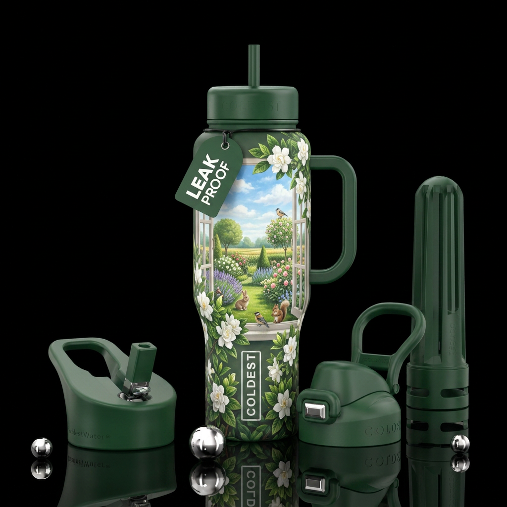 Looking out a window with gardenia bushes fully in... water bottle design