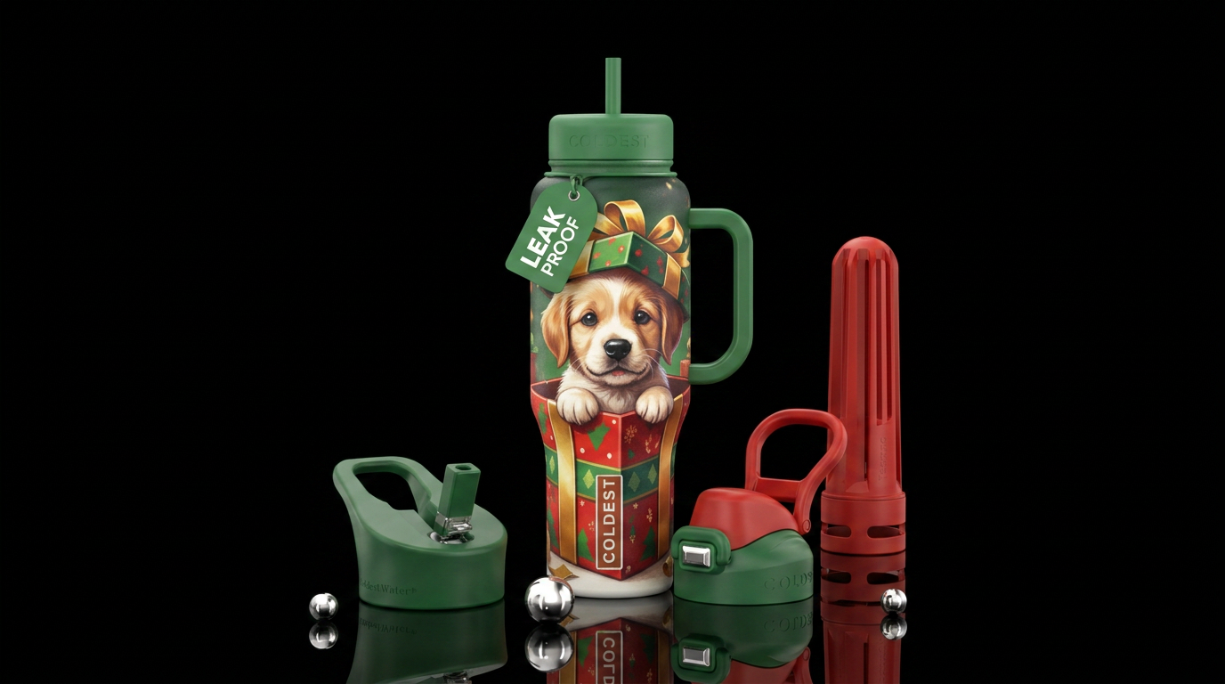 A puppy as a Christmas gift water bottle design
