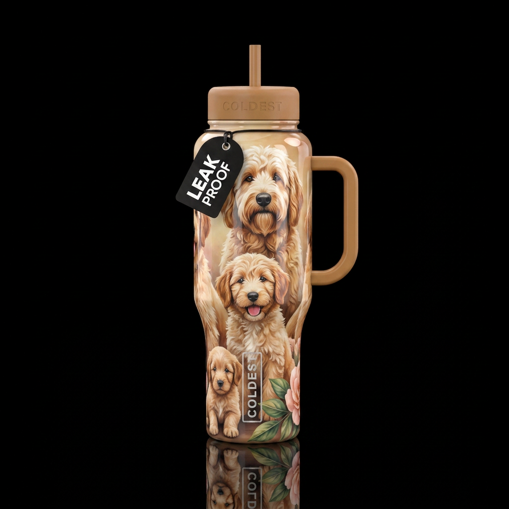 Golden doodle as a puppy and progressively aging, ... water bottle design