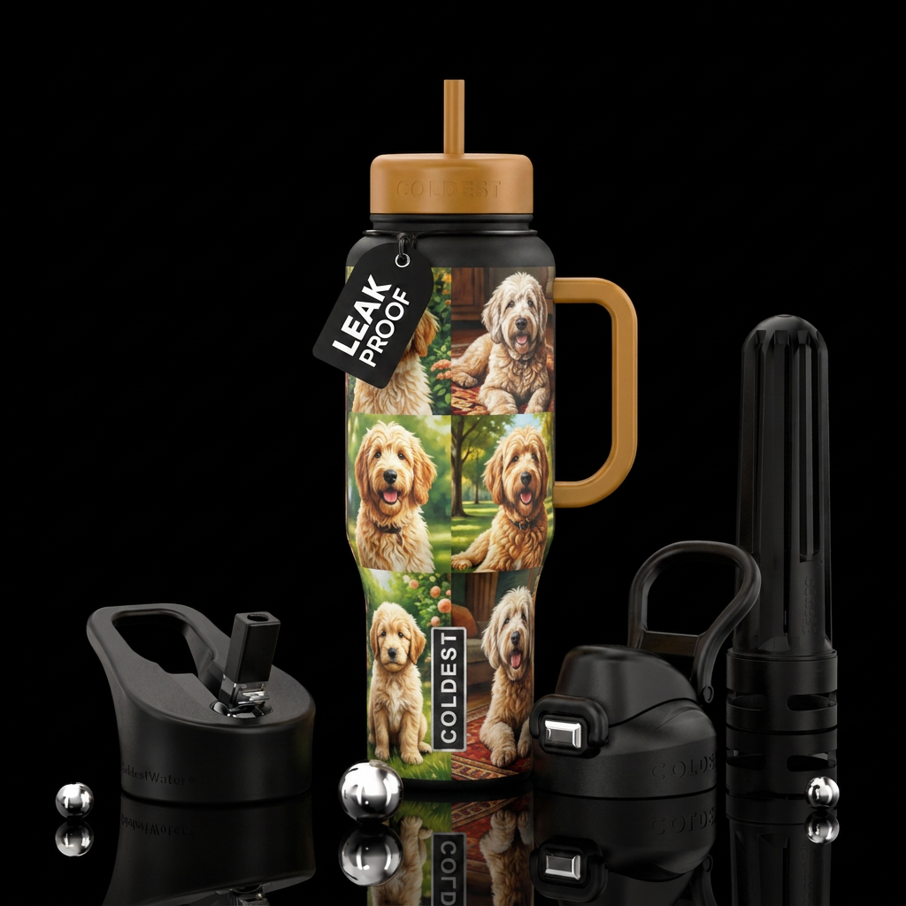 Golden doodle as a puppy and progressively aging, ... water bottle design