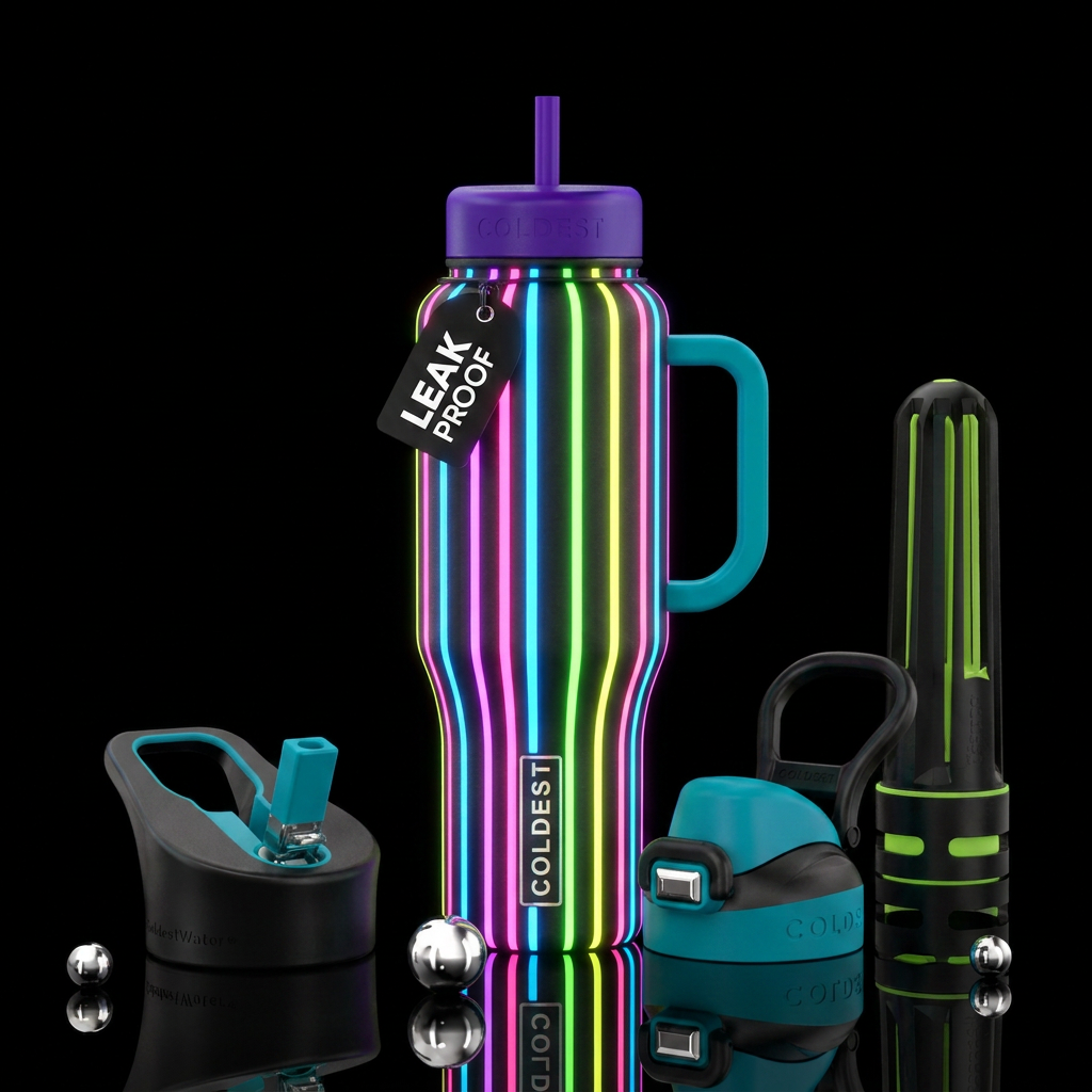 Vertical stripes on the bottle with vibrant neon c... water bottle design