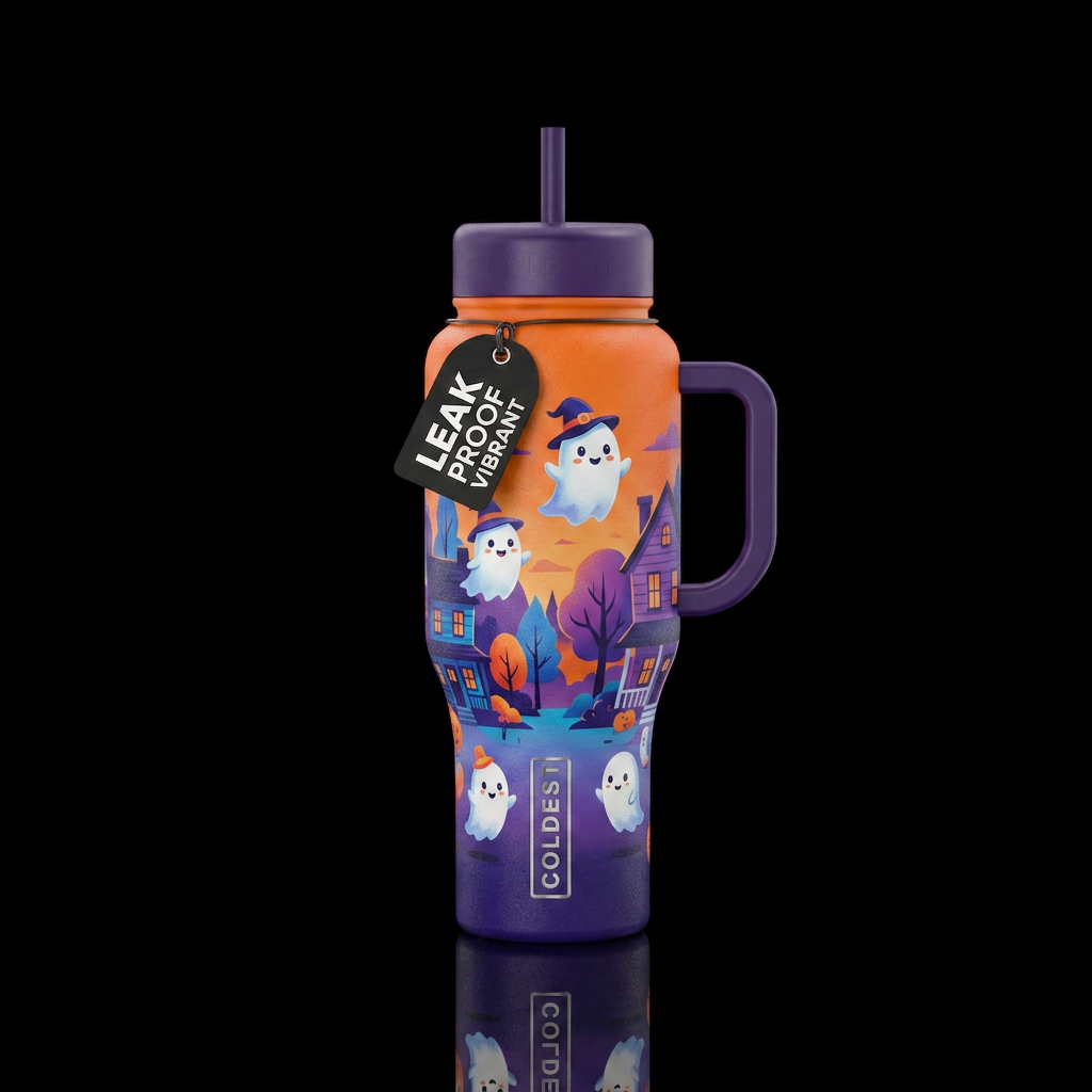 Happy baby ghosts flying in a neighborhood, orange... water bottle design
