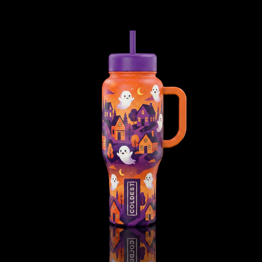 Happy baby ghosts flying in a neighborhood, orange... water bottle design