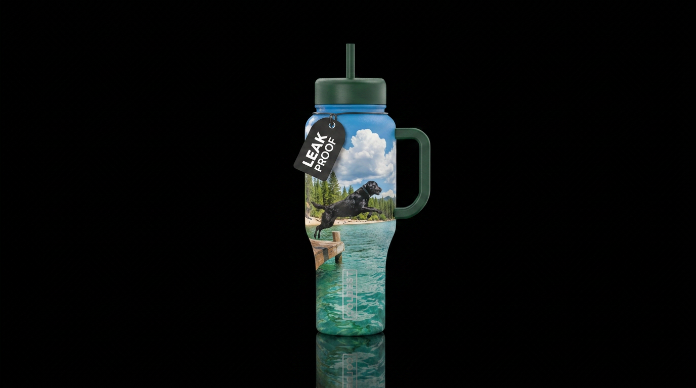 Fun beautiful day at the lake, black lab leaping o... water bottle design