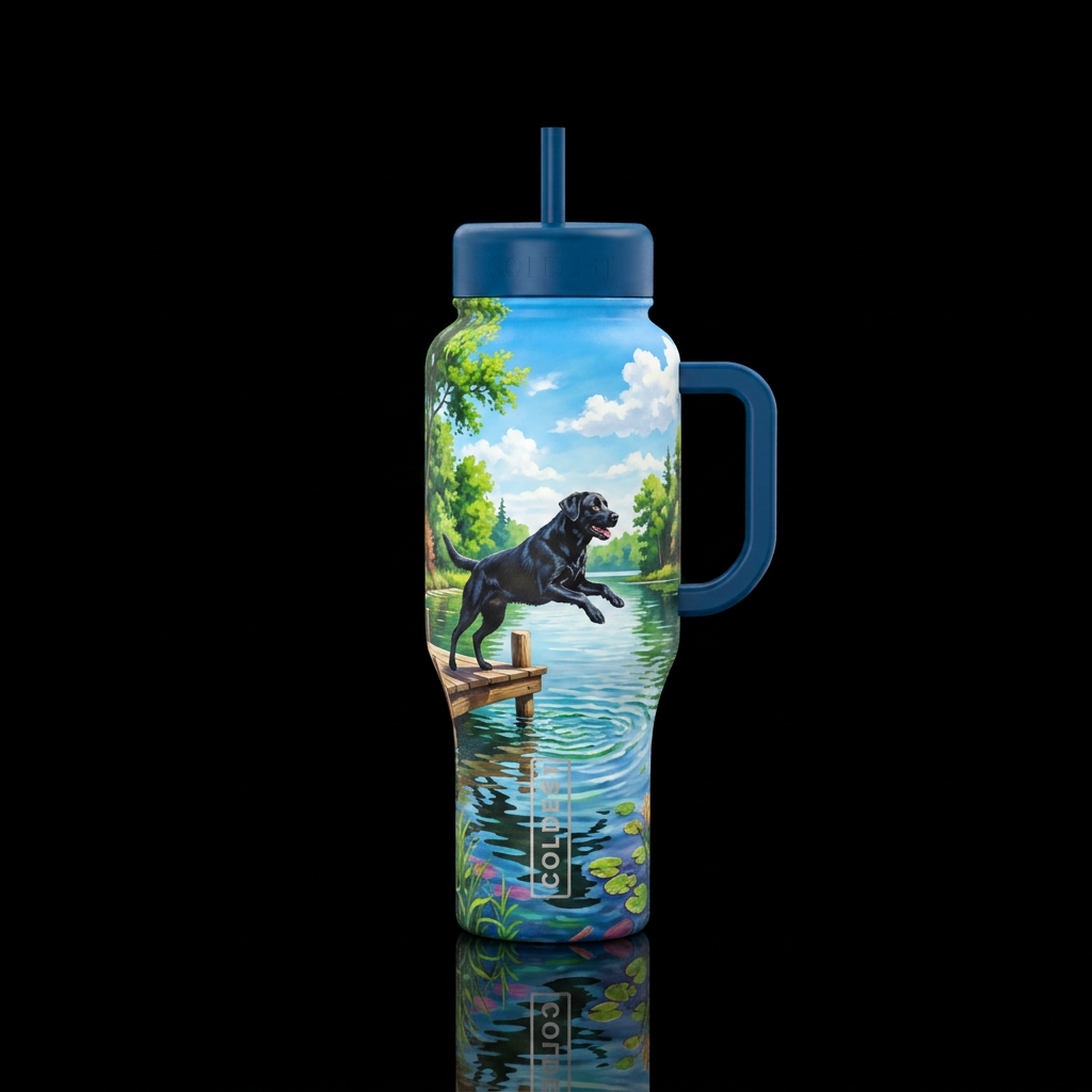 Fun beautiful day at the lake, black lab leaping o... water bottle design