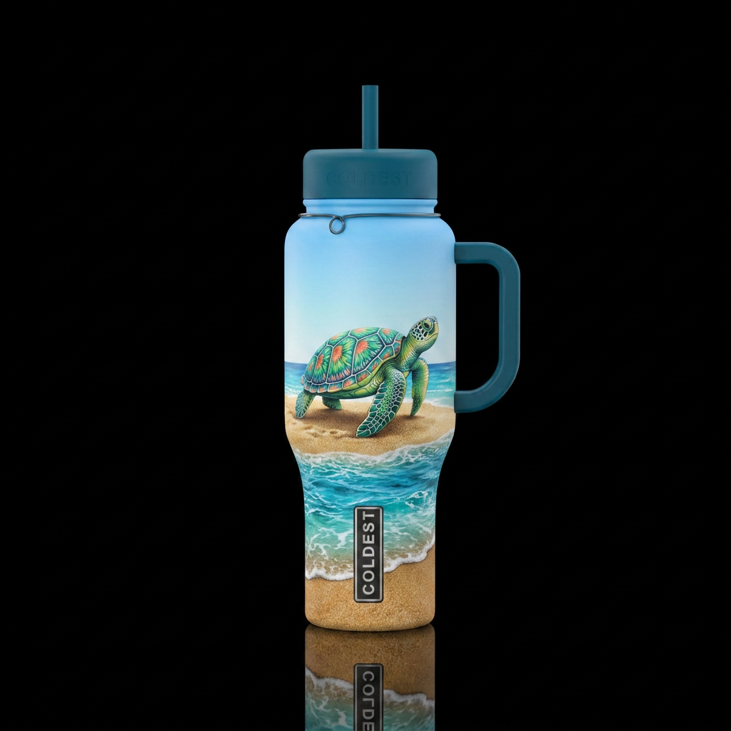 Beautiful turtle walking where sand and ocean meet... water bottle design
